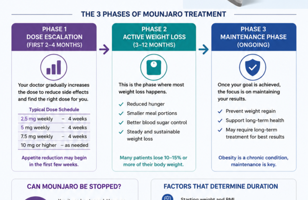 What is the course of Mounjaro infographic showing treatment phases including dose escalation, active weight loss, and maintenance phase for sustainable obesity and diabetes management."