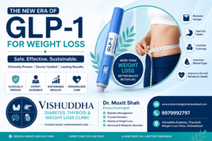 Discover how GLP-1 medications like tirzepatide and semaglutide help with weight loss. Learn about benefits, side effects, eligibility, and expert obesity treatment with Dr. Moxit Shah, Endocrinologist in Ahmedabad.