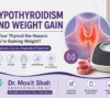 Hypothyroidism and weight gain infographic by Dr. Moxit Shah Endocrinologist Ahmedabad showing thyroid gland, weighing scale, and common hypothyroidism symptoms.