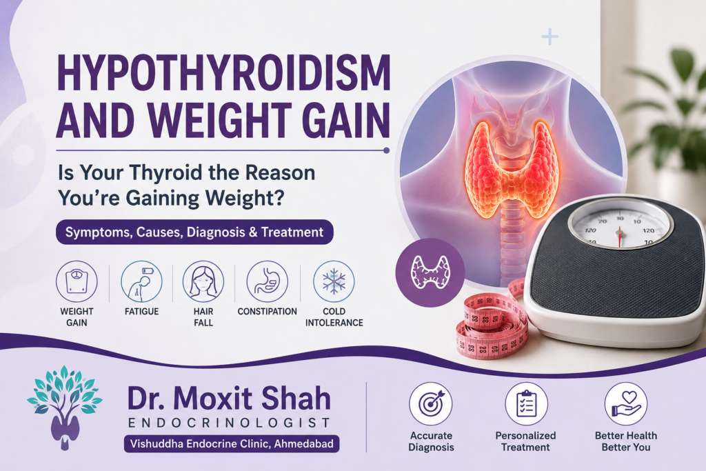 Hypothyroidism and weight gain infographic by Dr. Moxit Shah Endocrinologist Ahmedabad showing thyroid gland, weighing scale, and common hypothyroidism symptoms.