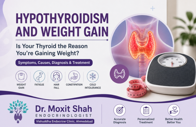 Hypothyroidism and weight gain infographic by Dr. Moxit Shah Endocrinologist Ahmedabad showing thyroid gland, weighing scale, and common hypothyroidism symptoms.
