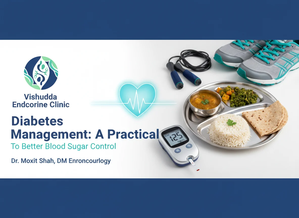 Diabetes management guide showing glucose monitoring, healthy eating and physical activity