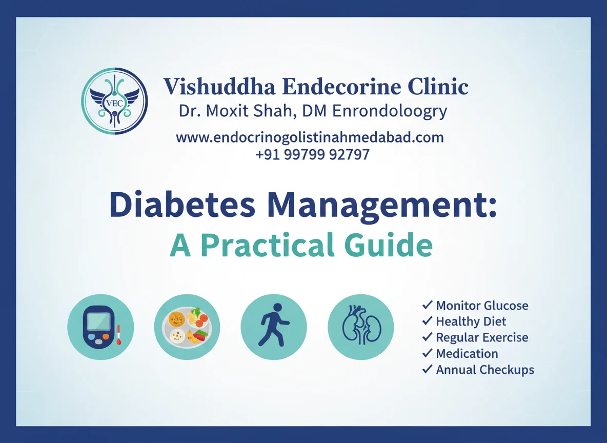 Diabetes management guide with glucose monitoring, healthy eating and physical activity from Dr. Moxit Shah at Vishuddha Endocrine Clinic