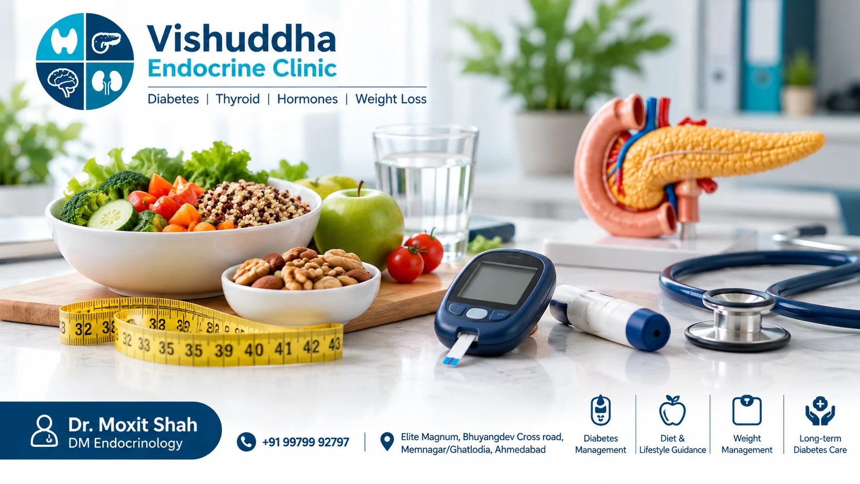 Diabetes management with healthy food, glucose meter, pancreas model and Vishuddha Endocrine Clinic branding - Dr. Moxit Shah