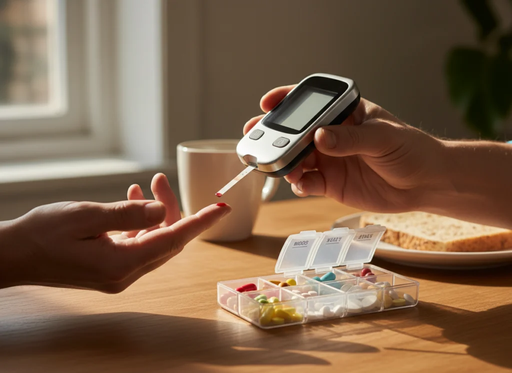 Blood glucose monitoring and daily diabetes medication routine