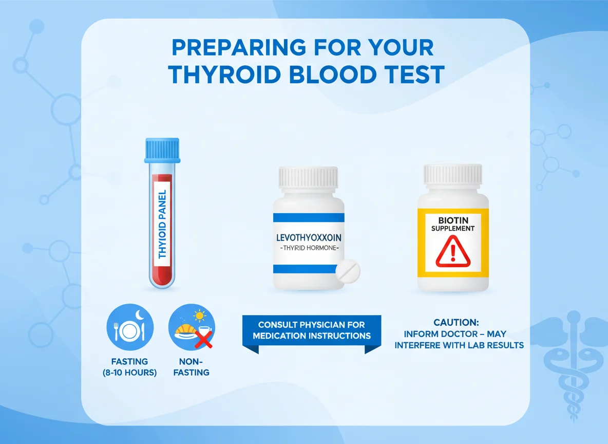 Illustration showing preparation considerations for a thyroid blood test, including medicines and biotin.