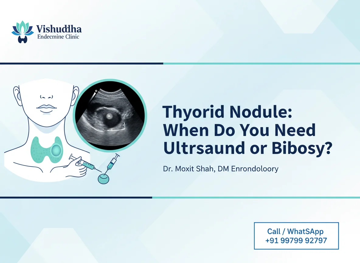 Professional 16:9 medical website featured image for the article 'Thyroid Nodule: When Do You Need Ultrasound or Biopsy?'. Use Vishuddha Endocrine Clinic branding with a blue, navy, teal and white clinical palette. Show a realistic but clean thyroid anatomy illustration with a highlighted thyroid nodule, a thyroid ultrasound monitor showing a nodule, and a fine-needle aspiration biopsy icon. Prominent readable text: 'Thyroid Nodule: When Do You Need Ultrasound or Biopsy?' and 'Dr. Moxit Shah, DM Endocrinology'. Include 'Vishuddha Endocrine Clinic' and 'Call / WhatsApp +91 99799 92797'. Clean professional medical infographic, no people, suitable for SEO featured image.