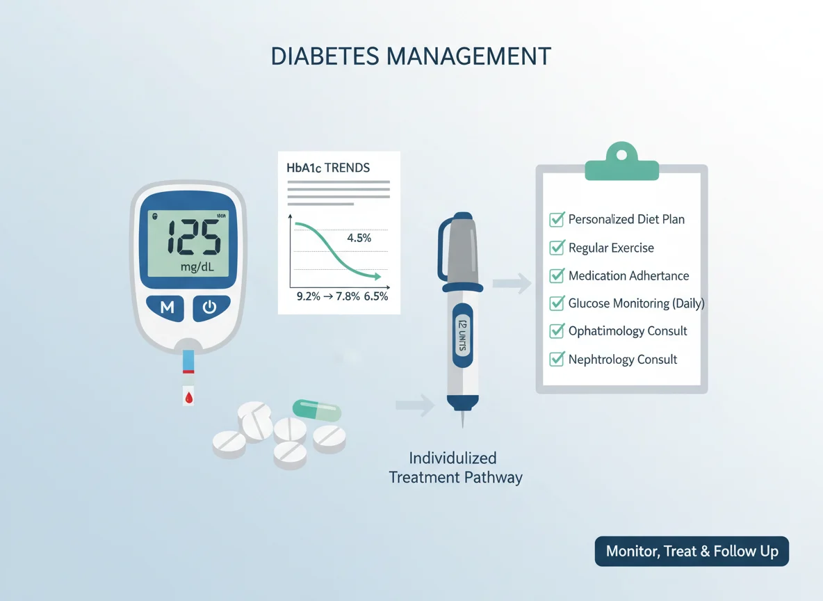 Glucose meter, HbA1c report and diabetes treatment monitoring illustration