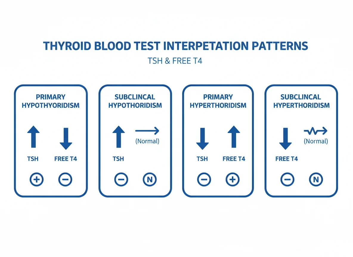 Educational illustration of common TSH and Free T4 thyroid blood test patterns.