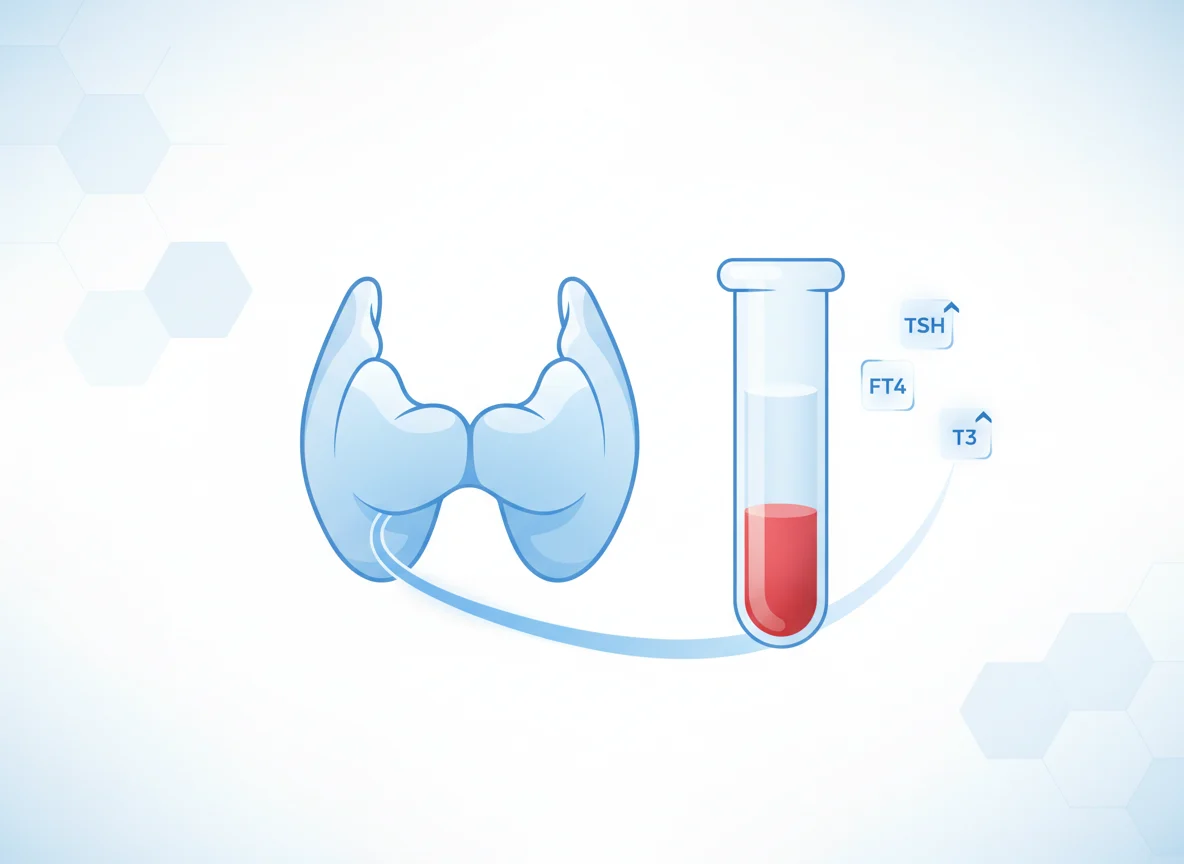 Medical illustration showing thyroid gland and blood tests for TSH, Free T4 and T3.