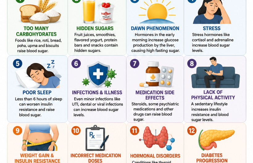 "Why is my blood sugar high despite not eating sugar? Infographic showing 12 common causes of high blood sugar including stress, poor sleep, insulin resistance, medications, and diabetes progression."