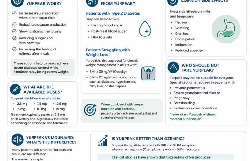 Yurpeak (Tirzepatide) infographic explaining weight loss and type 2 diabetes treatment in India. The image highlights benefits of tirzepatide, available doses from 2.5 mg to 15 mg, mechanism of action, side effects, and comparison with Ozempic. Expert guidance by Dr. Moxit Shah, Endocrinologist and Weight Loss Specialist in Ahmedabad.